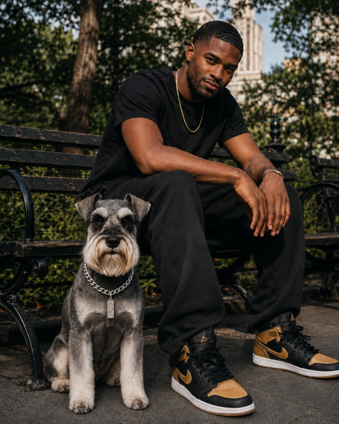 A man in black on a New York park bench beside a Schnauzer wearing a CHŌKA sterling silver Cuban link collar